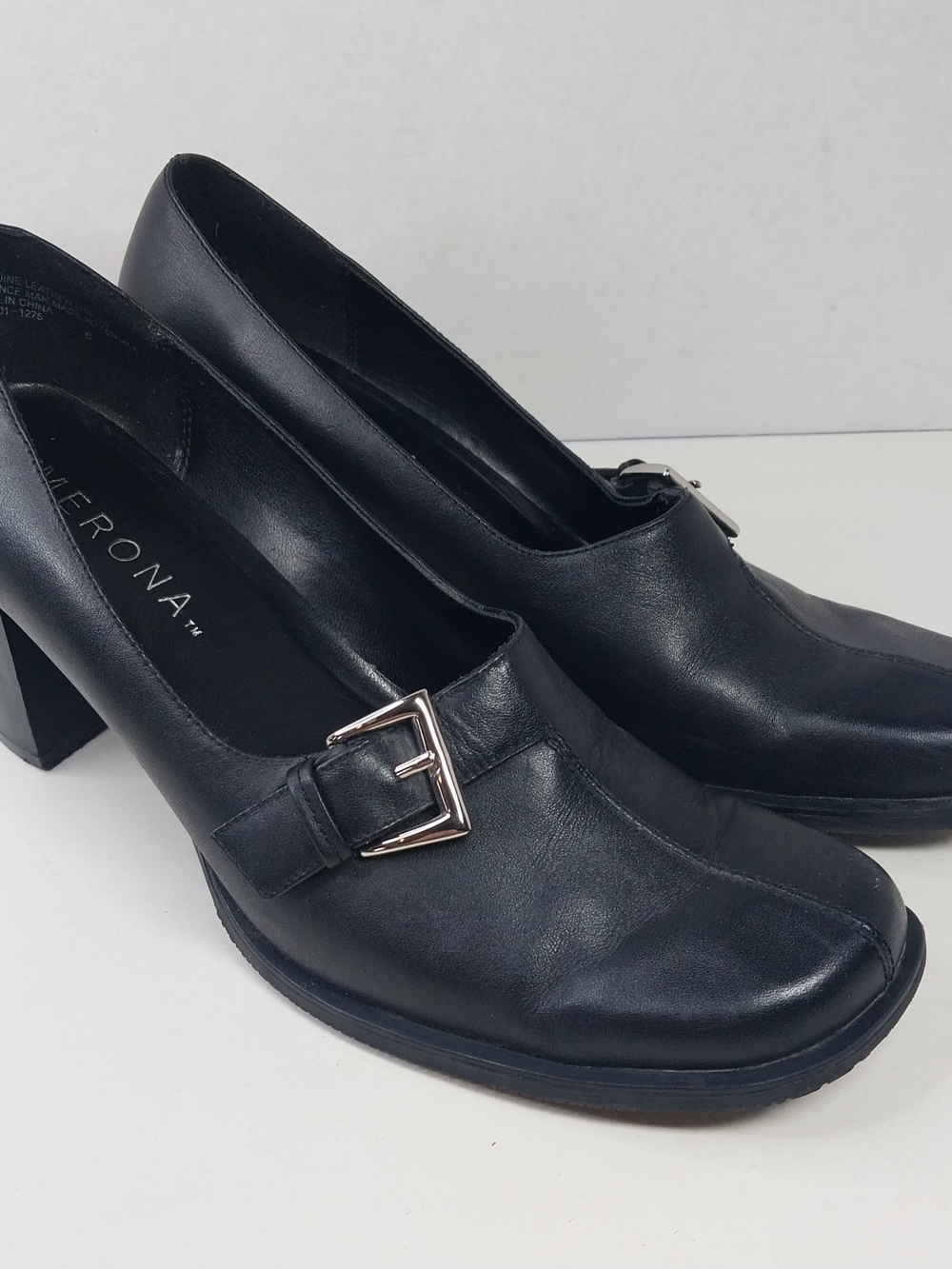 MERONA Womens Size 8 Black Leather Office Siren Heels Dark Coquette Buckle Shoes